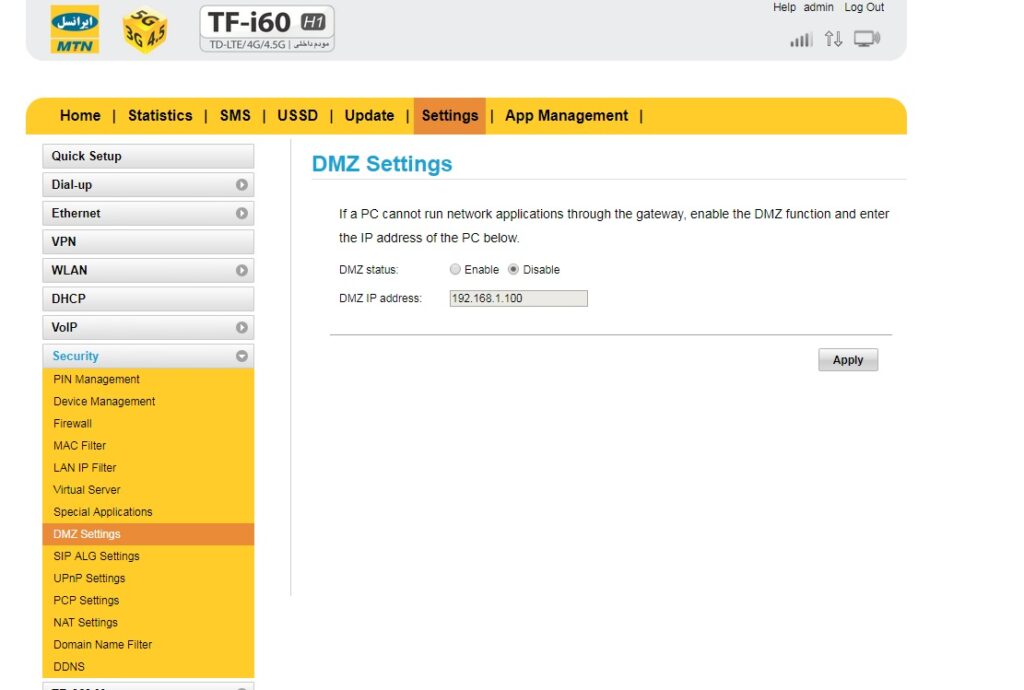 dmz در مودم 4G/TD-LTE ايرانسل مدل TF-i60 H1